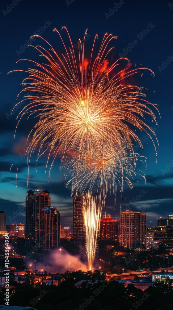 Fireworks exploding over city skyline at night Fireworks exploding over city skyline at night
