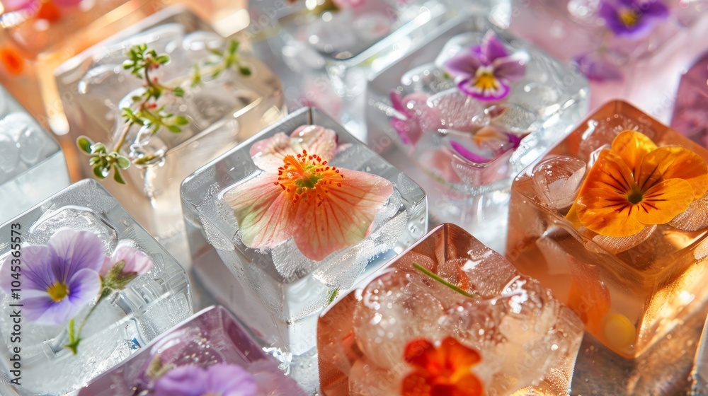 Elegant ice cubes featuring vibrant edible flowers, ideal for enhancing sophisticated dining experiences and adding a touch of beauty to beverages and presentations. Elegant ice cubes featuring vibrant edible flowers, ideal for enhancing sophisticated dining experiences and adding a touch of beauty to beverages and presentations.