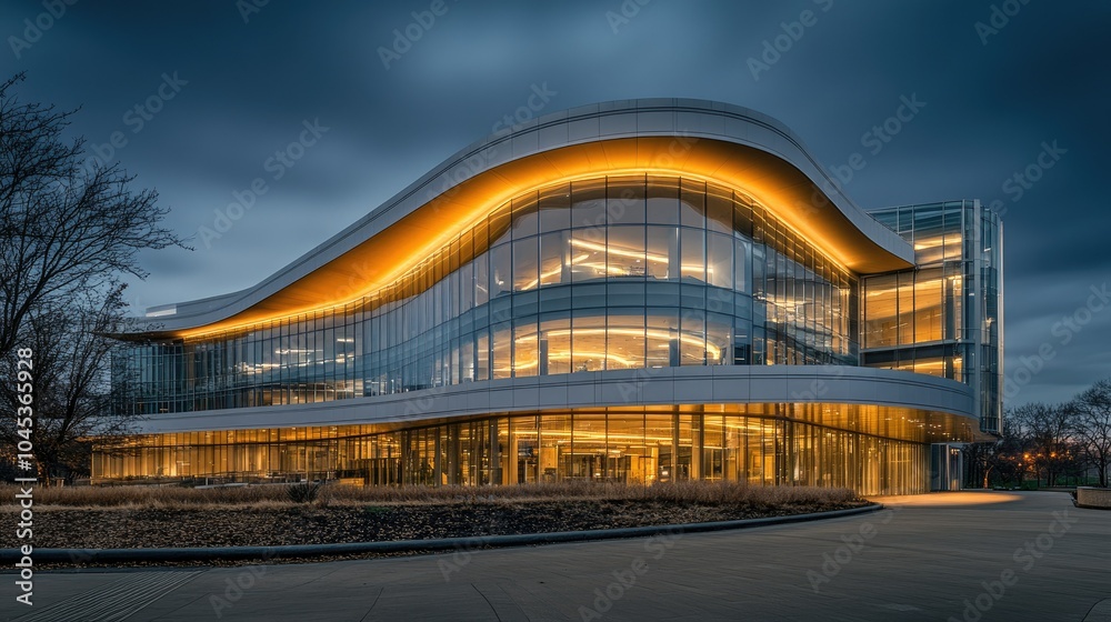 The elegant curves of a contemporary building, fully illuminated at night, with the lights reflecting off its glass The elegant curves of a contemporary building, fully illuminated at night, with the lights reflecting off its glass
