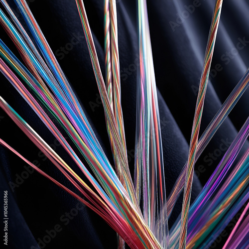 Close-up of vibrant multi-colored fiber optic cables against a blue backdrop