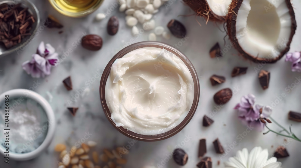 Shea butter body cream jar surrounded by fresh ingredients like cocoa butter and essential oils, promoting soft, smooth skin Shea butter body cream jar surrounded by fresh ingredients like cocoa butter and essential oils, promoting soft, smooth skin