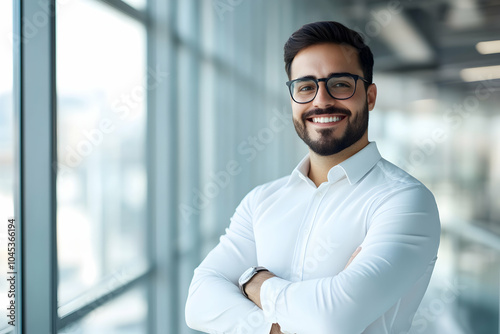 Professional man smiling confidently in modern office, business casual portrait