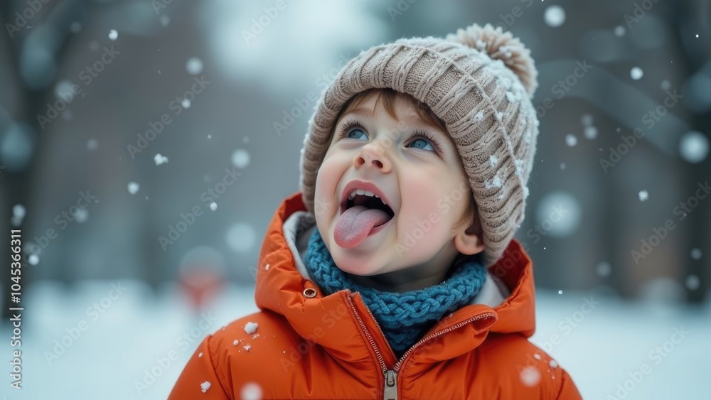 Cute boy in a hat catches snowflakes with his mouth on the street. Concept of winter outdoor activity and fun Cute boy in a hat catches snowflakes with his mouth on the street. Concept of winter outdoor activity and fun