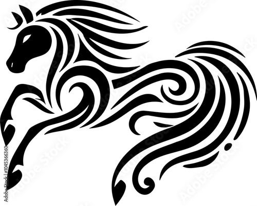 Black silhouette of a tribal horse head, outlined for clarity. This design combines traditional tribal symbolism with a modern minimalist look. Perfect for tattoos or logos. photo