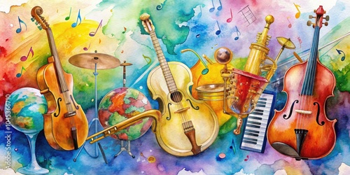 Watercolor painting of a vibrant world of music with instruments and notes scattered in the background, music, world