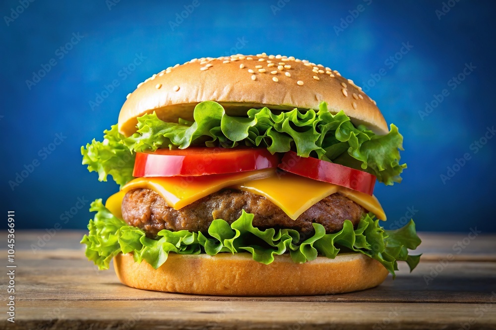 Close-Up Delicious Cheeseburger with Lettuce Tomato and Pickles on Blue Background Close-Up Delicious Cheeseburger with Lettuce Tomato and Pickles on Blue Background