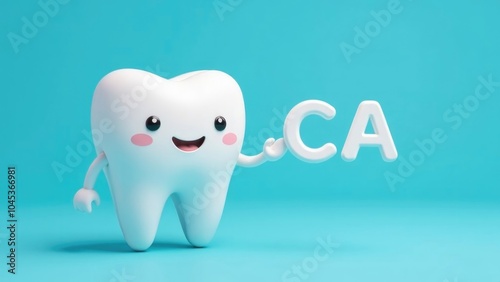 A cartoon tooth character points to a white 
