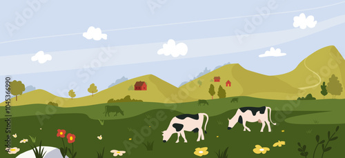 Cows Grazing in a Green Meadow. Rural Animal. Livestock Farmer Industry Banner Vector Illustration.