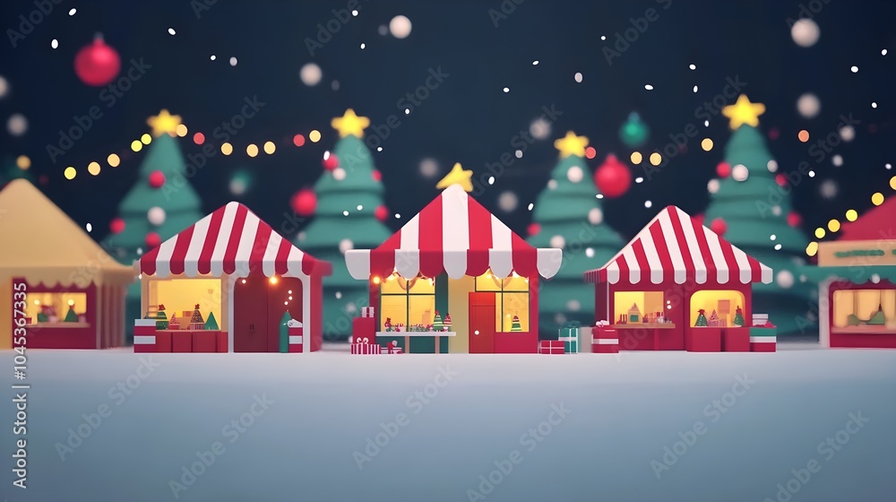 Obraz premium Christmas Market Stalls Snow Night 3D Illustration