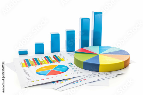 Bar and pie graph isolated on white background, finance business.