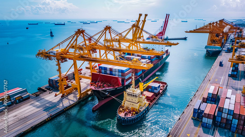 Logistics, container Cargo ship transportation with working crane bridge in deep sea port for import export.