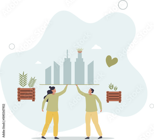 City gardening as plants agriculture ir urban environment.flat design with people.