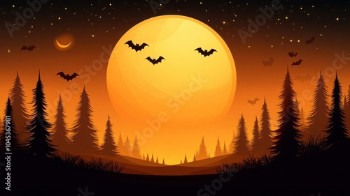 A spooky night scene featuring a large orange moon, bats flying, and dark silhouettes of pine trees against a starry sky.