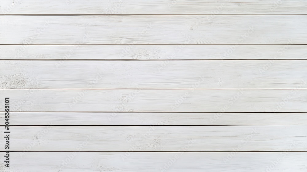 Obraz premium A modern wooden plank wall painted in a soft white, have a blank frame on the wall , with horizontal lines creating a serene and neutral backdrop for interior design or product placement. 