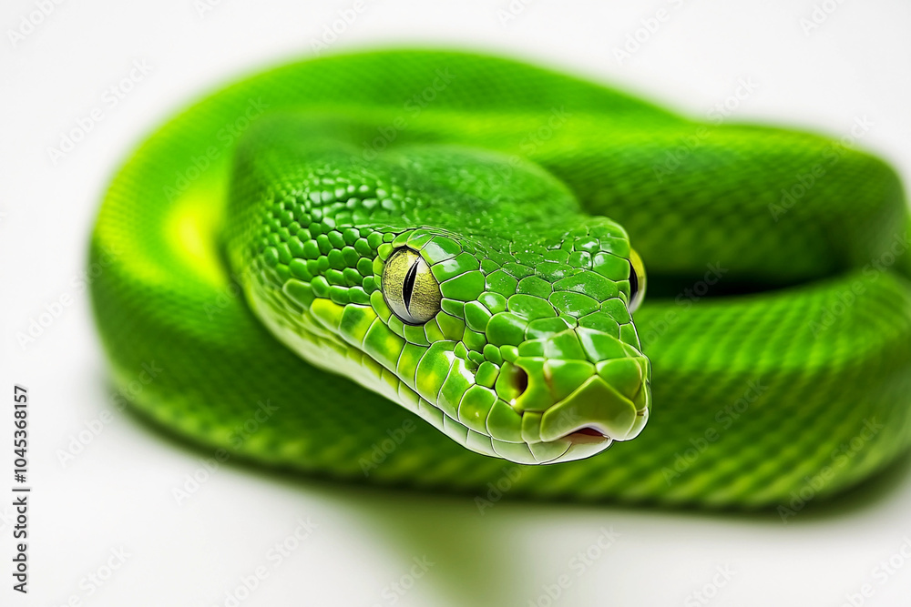 Obraz premium Snake Isolated On White: Cute green snake and vibrant skin texture,Snake Head, Attacking Snake, Viper, Reptiles , Serpent 