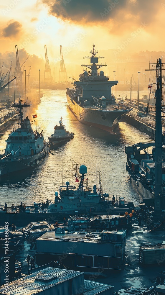 Large Naval Ship Docked in Vibrant Port at Sunset Large Naval Ship Docked in Vibrant Port at Sunset