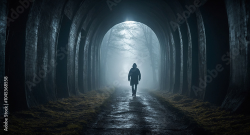 A view from inside a dark, misty tunnel.