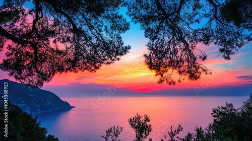 Romantic Sunset Over the Sea from Hilltop View