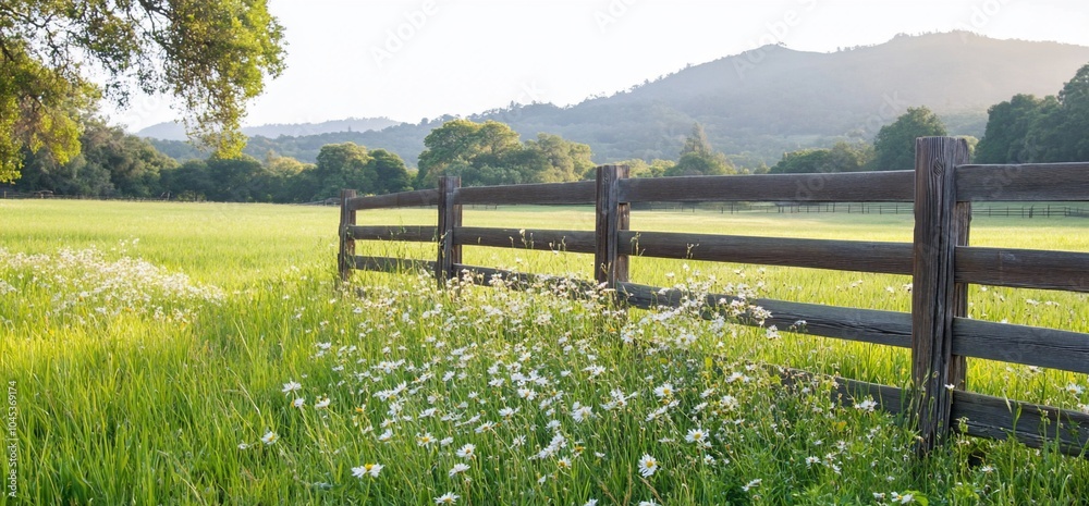 A serene landscape featuring a wooden fence and wildflowers in a meadow. A serene landscape featuring a wooden fence and wildflowers in a meadow.