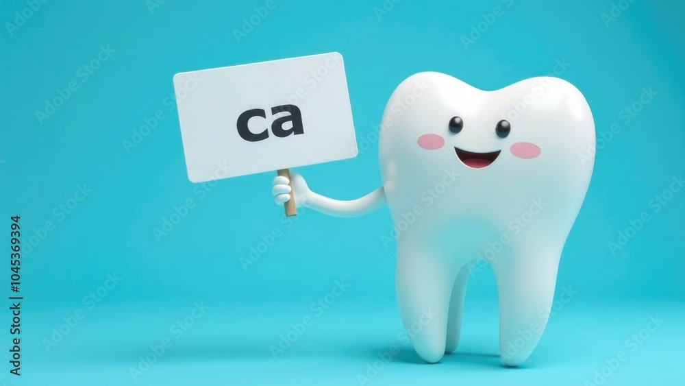 A cartoon tooth character holds a sign that says A cartoon tooth character holds a sign that says