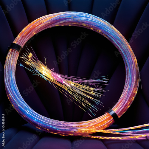 Close-up of vibrant multi-colored fiber optic cables against a blue backdrop