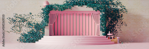 Pink stage backdrop with green ivy and brick wall for product display and presentation   