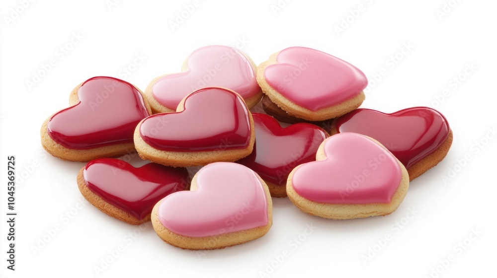 Romantic Valentine Day cookies with pink and red icing hearts, isolated on white background Romantic Valentine Day cookies with pink and red icing hearts, isolated on white background