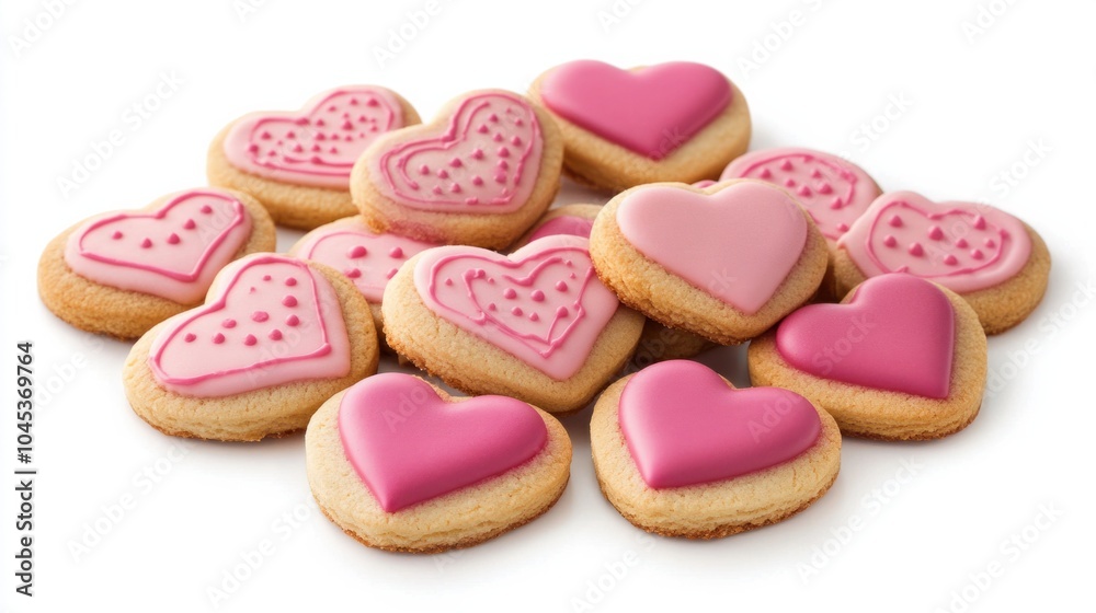 Romantic Valentine Day cookies with pink and red icing hearts, isolated on white background Romantic Valentine Day cookies with pink and red icing hearts, isolated on white background
