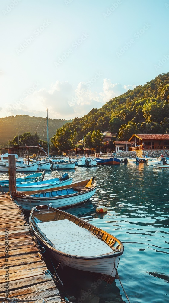 Serene Port with Wooden Piers and Fishing Boats Serene Port with Wooden Piers and Fishing Boats