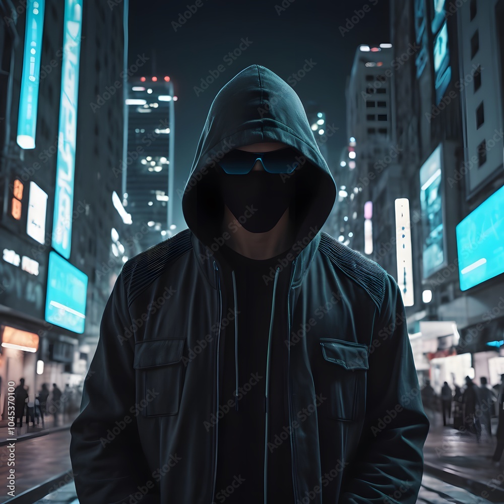 Hacker with black hoodie on city background Hacker with black hoodie on city background