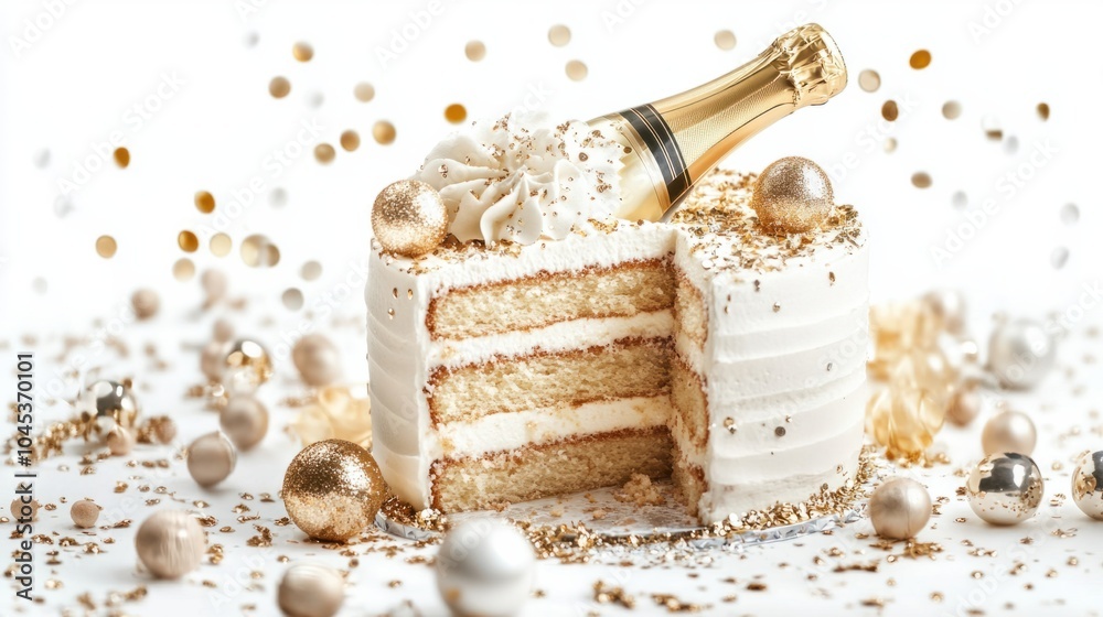Sparkling New Year 2025 cake with champagne bottle and glittery decorations, isolated on white background