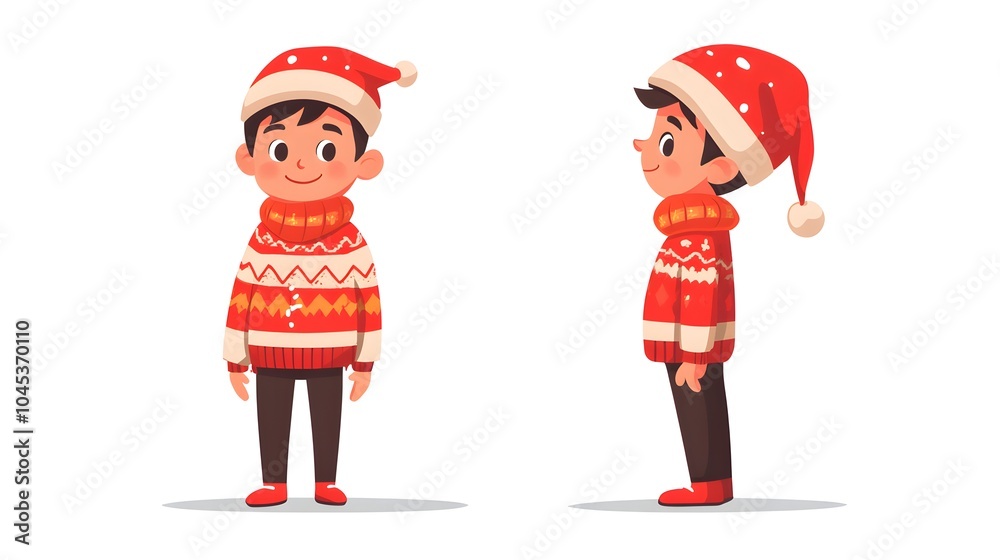 Cute Cartoon Boy in Santa Hat and Sweater for Christmas Illustration Cute Cartoon Boy in Santa Hat and Sweater for Christmas Illustration