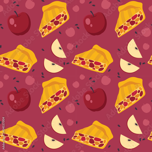 Seamless autumn pattern with apple pie and apples