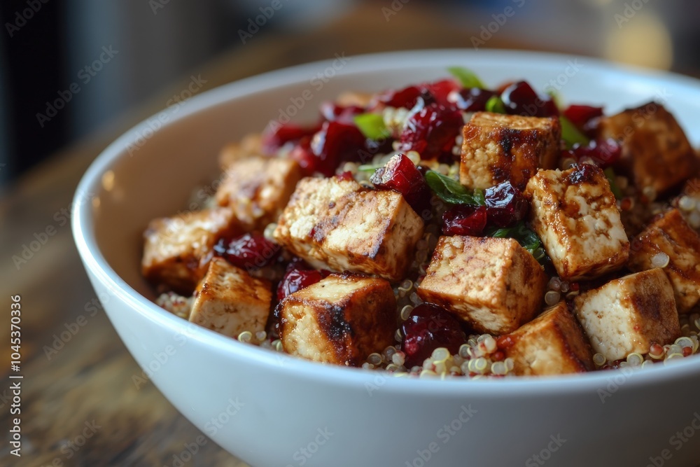 Tofu Bowl with Quinoa and Cranberry. Delicious and Nutritious Homemade Dinner Tofu Bowl with Quinoa and Cranberry. Delicious and Nutritious Homemade Dinner