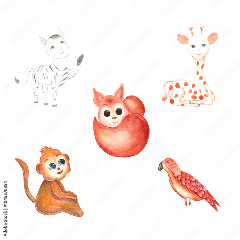 Obraz premium Animals watercolor. Hand draw watercolor illustrations on white background. Animals watercolor for design