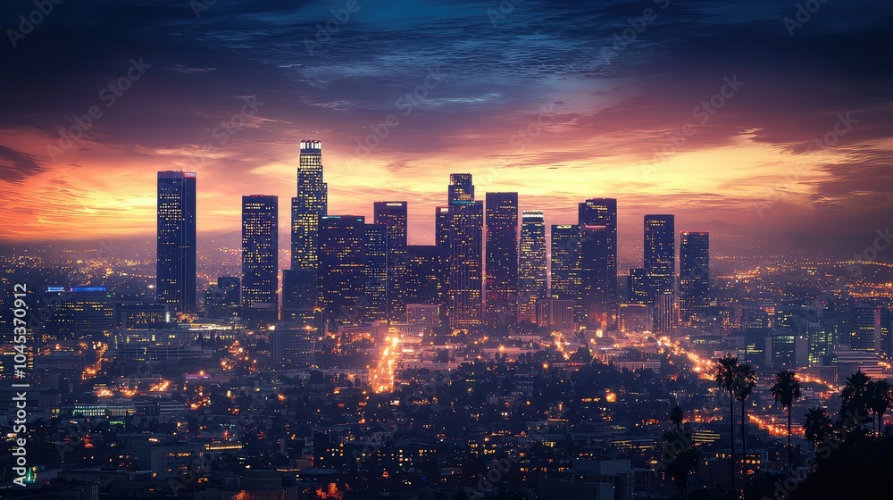 Obraz premium Unique Urban Skyline at Dusk Over City Lights
