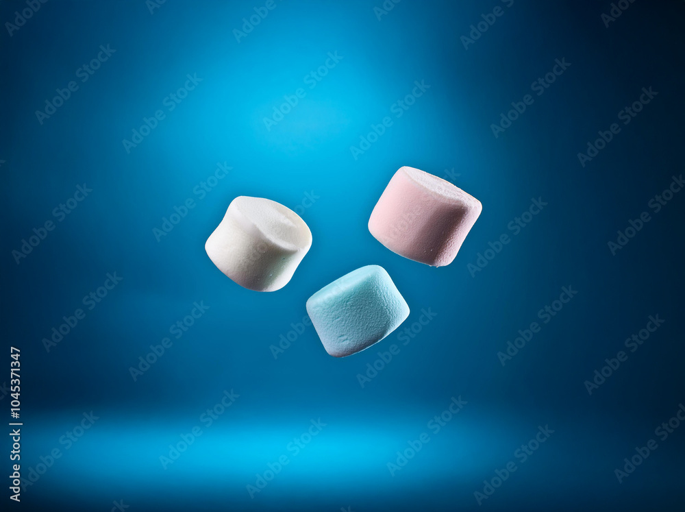 Three marshmallows of different colors floating in the air against a blue background.