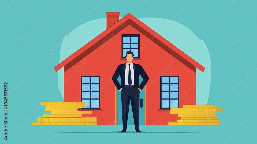 Businessman standing confidently in front of a house with stacks of coins, symbolizing real estate investment. Businessman standing confidently in front of a house with stacks of coins, symbolizing real estate investment.