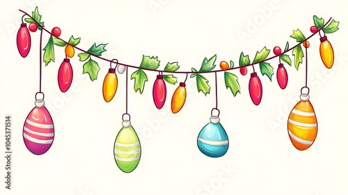 Festive Christmas Garland with Colorful Ornaments and Holly Leaves