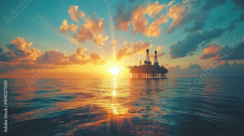 Oil Platform at Sunset Over Calm Waters photo