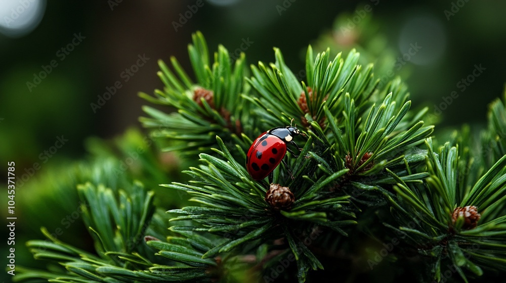 A ladybug perched on a pine branch with green needles and small brown cones. A ladybug perched on a pine branch with green needles and small brown cones.