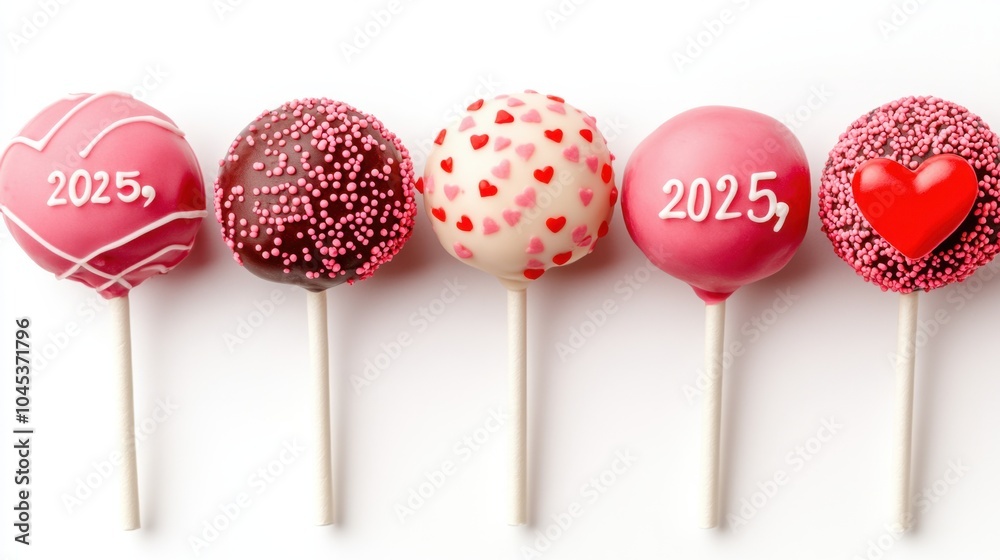 Valentine cake pops with red and pink icing, decorated with hearts and Valentine cake pops with red and pink icing, decorated with hearts and
