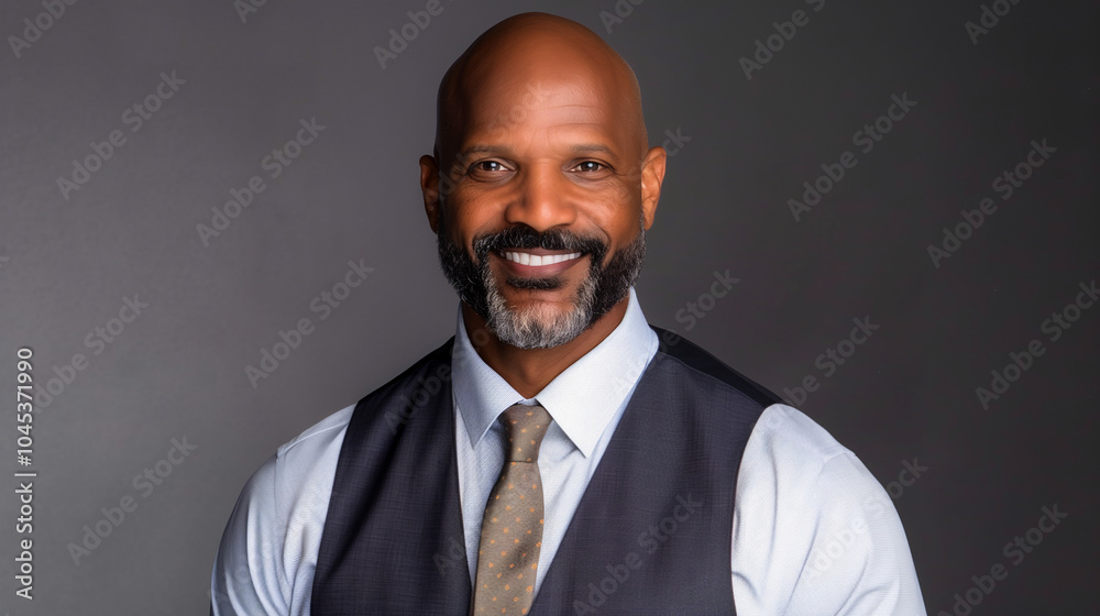 Retrato de hombre negro con barba y calvo sonriente con traje y corbata Retrato de hombre negro con barba y calvo sonriente con traje y corbata