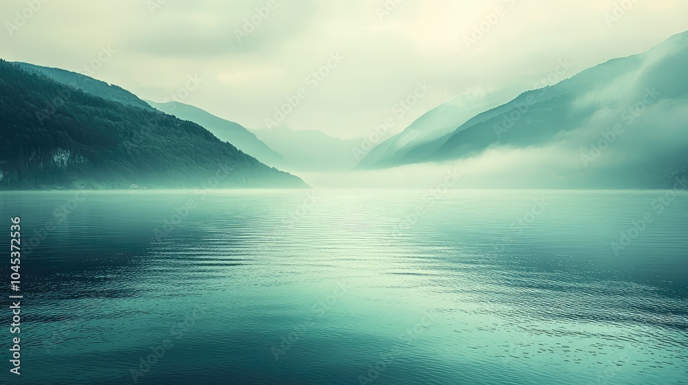 Naklejka premium Misty Morning Over Tranquil Hills and Water