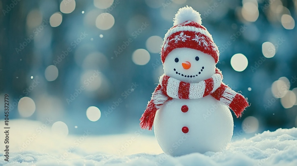 Fototapeta premium Happy snowman in a red scarf and hat, standing in a snowy outdoor landscape. Perfect for xmas, winter holiday, and new year scenes. Ideal background for merry, festive, children, and nature themes.