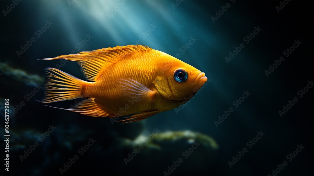 A vibrant orange fish with blue eyes swims gracefully through the water, illuminated by a beam of sunlight. A vibrant orange fish with blue eyes swims gracefully through the water, illuminated by a beam of sunlight.