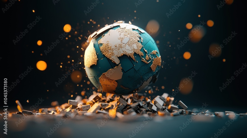Fototapeta premium Suspended Globe Over Shattered Surface at Scale 50x