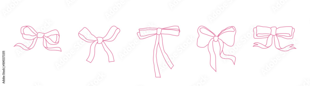 Hand-drawn whimsical pink gift bows. Girly сlipart for greeting cards, wedding invitations, posters. Monochrome line art graphic. Coquette aesthetics. Hand-drawn whimsical pink gift bows. Girly сlipart for greeting cards, wedding invitations, posters. Monochrome line art graphic. Coquette aesthetics.