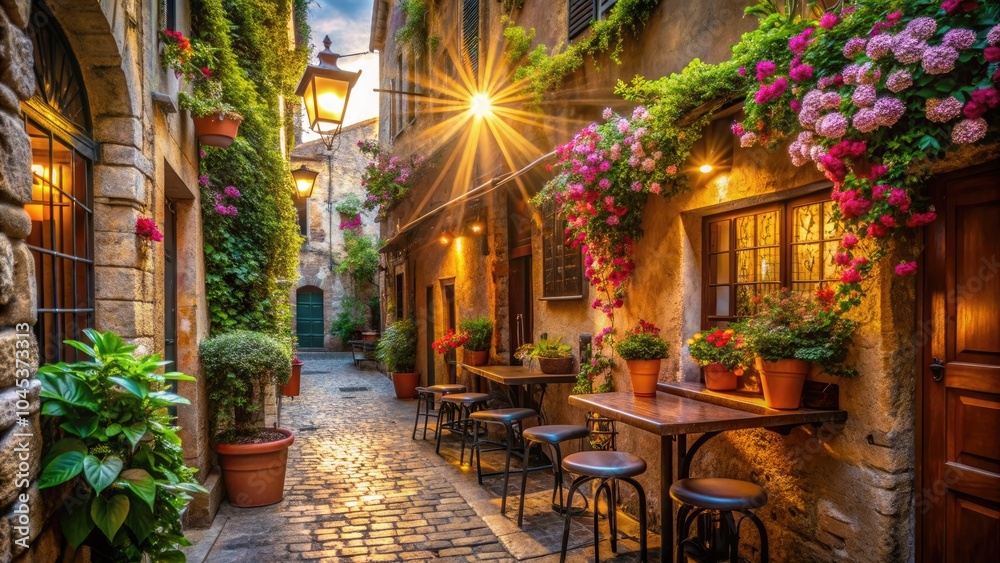 Romantic view of a bar in an Italian flower-filled alleyway with a sunset light beam, romantic, vista, bar, alleyway Romantic view of a bar in an Italian flower-filled alleyway with a sunset light beam, romantic, vista, bar, alleyway