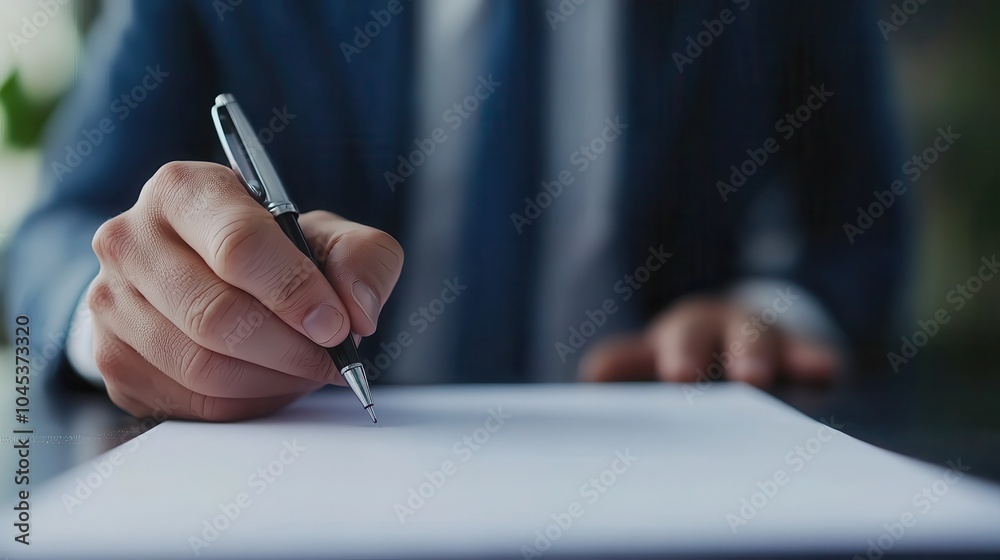 Close-up of a professional man writing on a blank sheet with a pen, conveying focus and determination. Close-up of a professional man writing on a blank sheet with a pen, conveying focus and determination.
